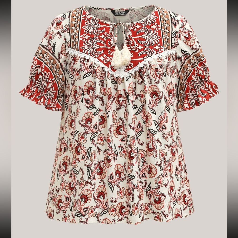 Bohemian Floral Print Blouse with Tassels